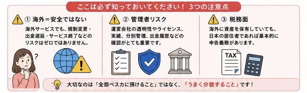 3つの注意点 ― 海外＝安全ではない、管理者リスク、税務面